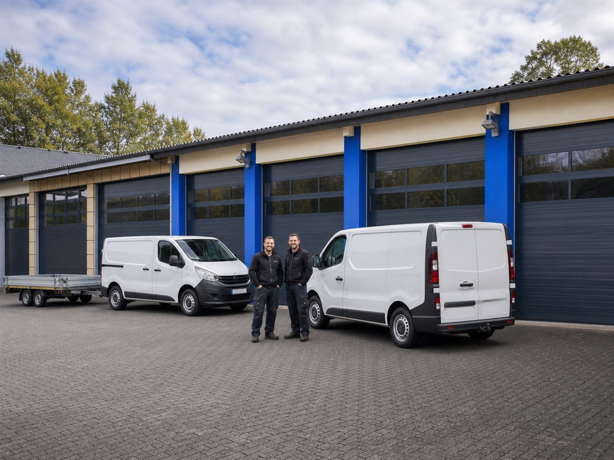 Gewerbliche Toranlage mit Servicefahrzeugen